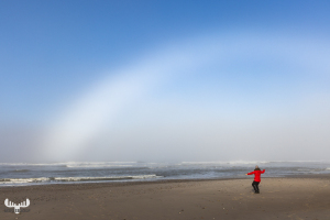 11153 - Red jacket person under ice halo bow at North Sea beach