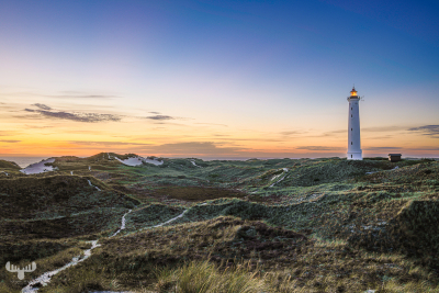 11566 - Nr.Lyngvig Fyr lit at sunset, dune landscape
