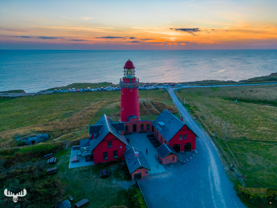 11678 - Bovbjerg Fyr lighthouse - from above with North Sea at sunset