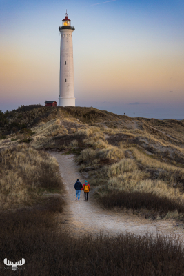 11826 - Nr.Lyngvig Fyr lighthouse with pastel color sunset and people walking