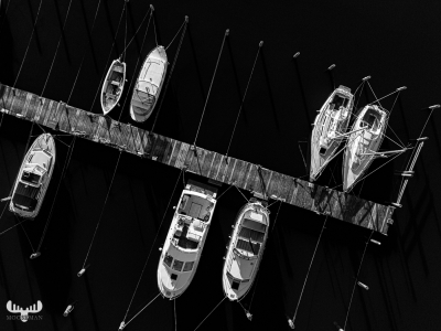 12037 - Ringkøbing havn harbor from above - pier and boats in B/W