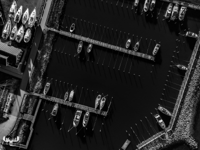 12039 - Ringkøbing havn harbor from above - piers and boats in B/W