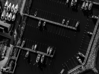 12039 - Ringkøbing havn harbor from above - piers and boats in B/W