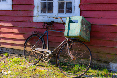 12050 - Grønhøj Kro old bicycle leaning on red cottage wall with Tuborg beer box