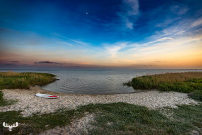 12112 - Ringkøbing Fjord bay close to Gammel Sogn kirke, surfboard