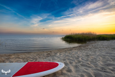 12119 - Ringkøbing Fjord with surfboard at sunset