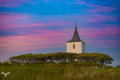 12124 - Gammel Sogn krike church with sunset sky