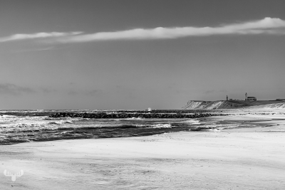 12178 - Bovbjerg Fyr lighthouse and Trans Kirke at Høfde Q in B/W