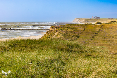 12189 - View over cliffs at Høfde Q towards Bovbjerg Fyr lighthouse and Trans Kirke