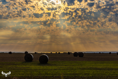 12546 -  Straw bales and sunset with cloudy sky