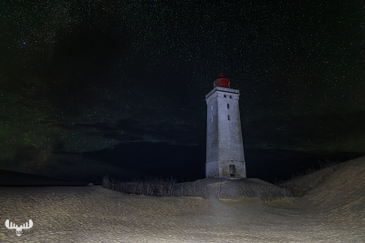 12581 - Rubjerg Knude Fyr lighthouse at night with starry sky, light painted