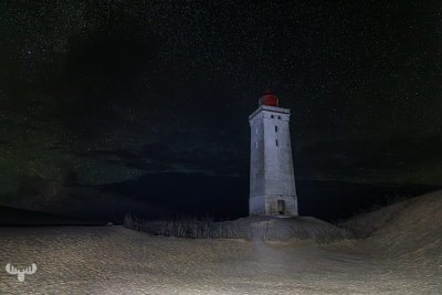 12581 - Rubjerg Knude Fyr lighthouse at night with starry sky, light painted