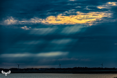 12698 - Warm sun rays out of dark sky with wind turbines
