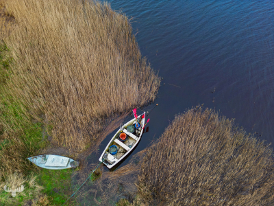 12855 - Boat at Bagges Dæmning in Ringkøbing Fjord from above