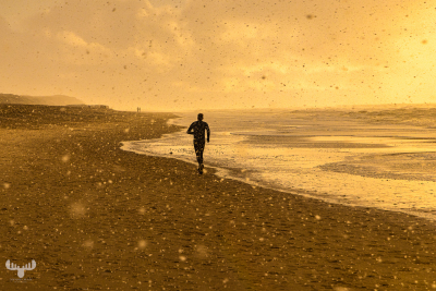 13315 - Jogger on Snowstorm Søndervig Beach