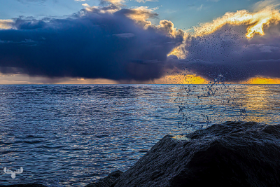13550 - Sunset at Hvide Sande pier with splashing waves