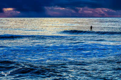13573 - SUP stand up paddler on Hvide Sande North Sea beach at sunset