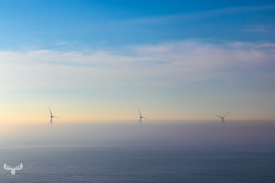 13635 - 3 Wind turbines on North Sea in Fog