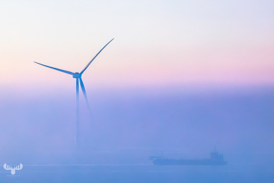 13639 - Wind turbine and ship in pastel fog sunset colors