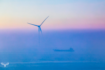 13640 - Wind turbine and ship on North Sea, foggy pastel colors