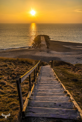 13651 - Stairways down Bovbjerg Klint cliffs into sunset at North Sea