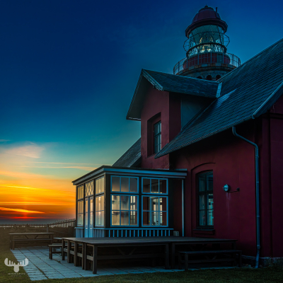 13661 - Bovbjerg Fyr lighthouse and winter garden with sunset in background
