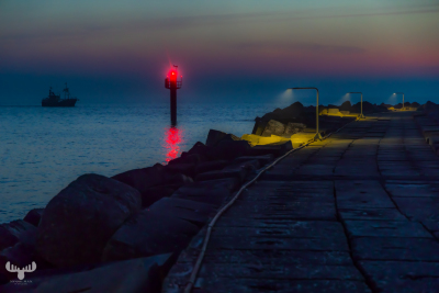 13671 - Thorsminde pier in dawn with fishing boat