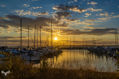 13829 - Ebeltoft Havn - Harbor with piers and boats at sunset