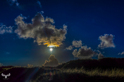 13910 - Duneline and iridescent clouds against sun