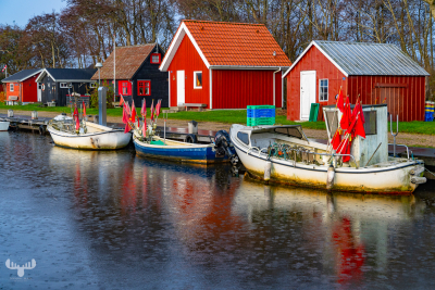 14065 - Rain over Fisherman's Huts and boats at Stauning Havn harbour