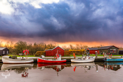 14076 - Stauning Havn harbour with dramatic morning sky