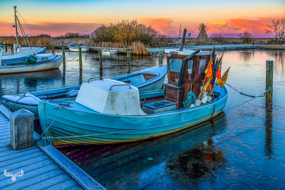 14127 - Fishing boat on frosty sunrise morning at Stauning Havn harbour