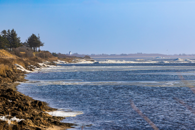 14338 - Icy Ringkøbing Fjord with Velling church in background