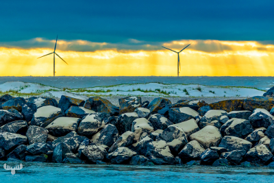 14522 - Offshore wind turbines on North Sea with pier and dunes