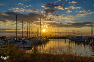 13829 - Ebeltoft Havn - Harbor with piers and boats at sunset