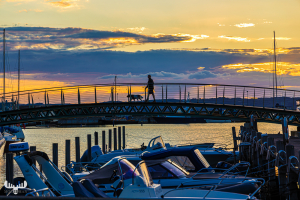 13832 - Ebeltoft Havn - Harbor bridge with person walking dog
