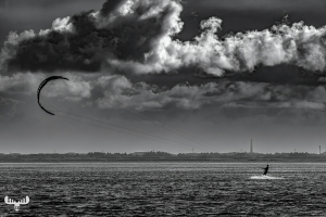 13991 - Kitesurfer on Ringkøbing Fjord B/W with Nr.Lyngvig Fyr
