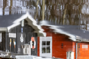 14089 - Fishing Huts mirrored at Stauning Havn harbour