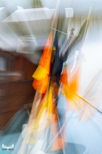 14109 - Fishing boat flags in art at Stauning Havn harbour