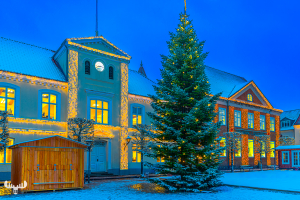 14175 - Ringkøbing Gamle Amtsrådhus town hall with Christmas lights and tree