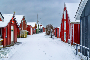 14181 - Ringkøbing "Indianerlandbyen" fishing huts with snow in winter