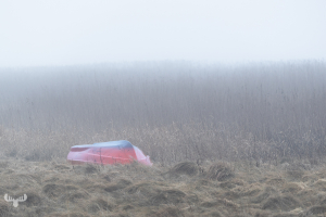 14236 - Red boatd in fog at Ringkøbing Fjord