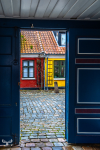 14250 - Gate view to colorful red and yellow houses in Ribe
