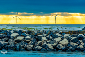 14522 - Offshore wind turbines on North Sea with pier and dunes