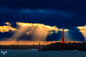14535 - Hvide Sande Pier with red beacon and dramatic sunset sky