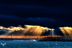14536 - Hvide Sande Pier with red beacon, wind turbines and dramatic sunset sky