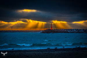 14537 - Hvide Sande Pier with red beacon, dramatic sky and seagulls, art version