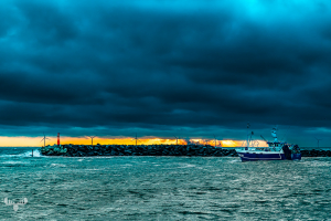 14542 - Hvide Sande Pier with fishing boat and dramatic sky