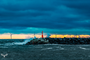 14547 - Hvide Sande Pier with red beacon, breakers and dramatic sky