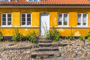 14602 - Old yellow house with hollyhock flowers